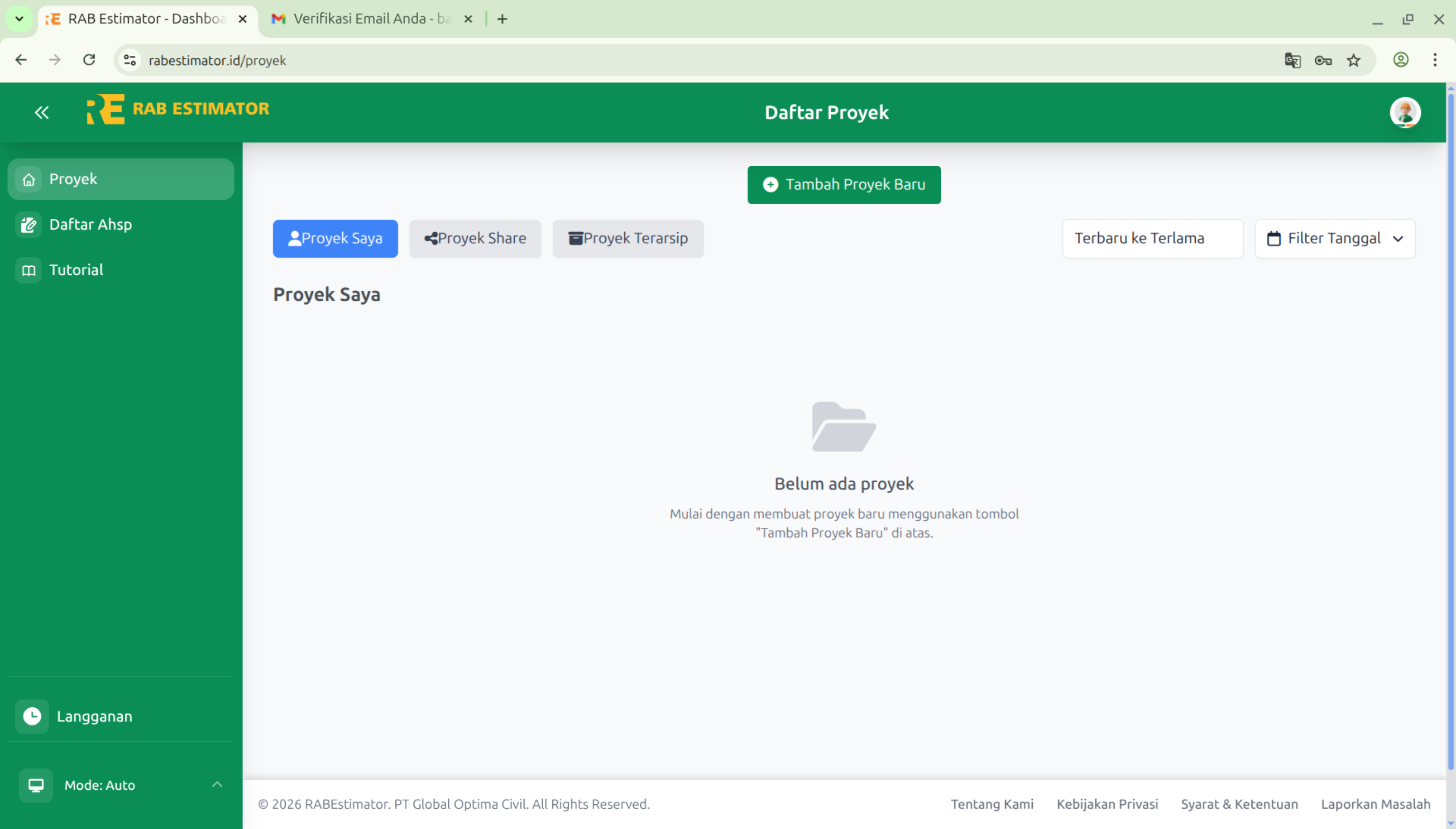 Dashboard utama RAB Estimator setelah login