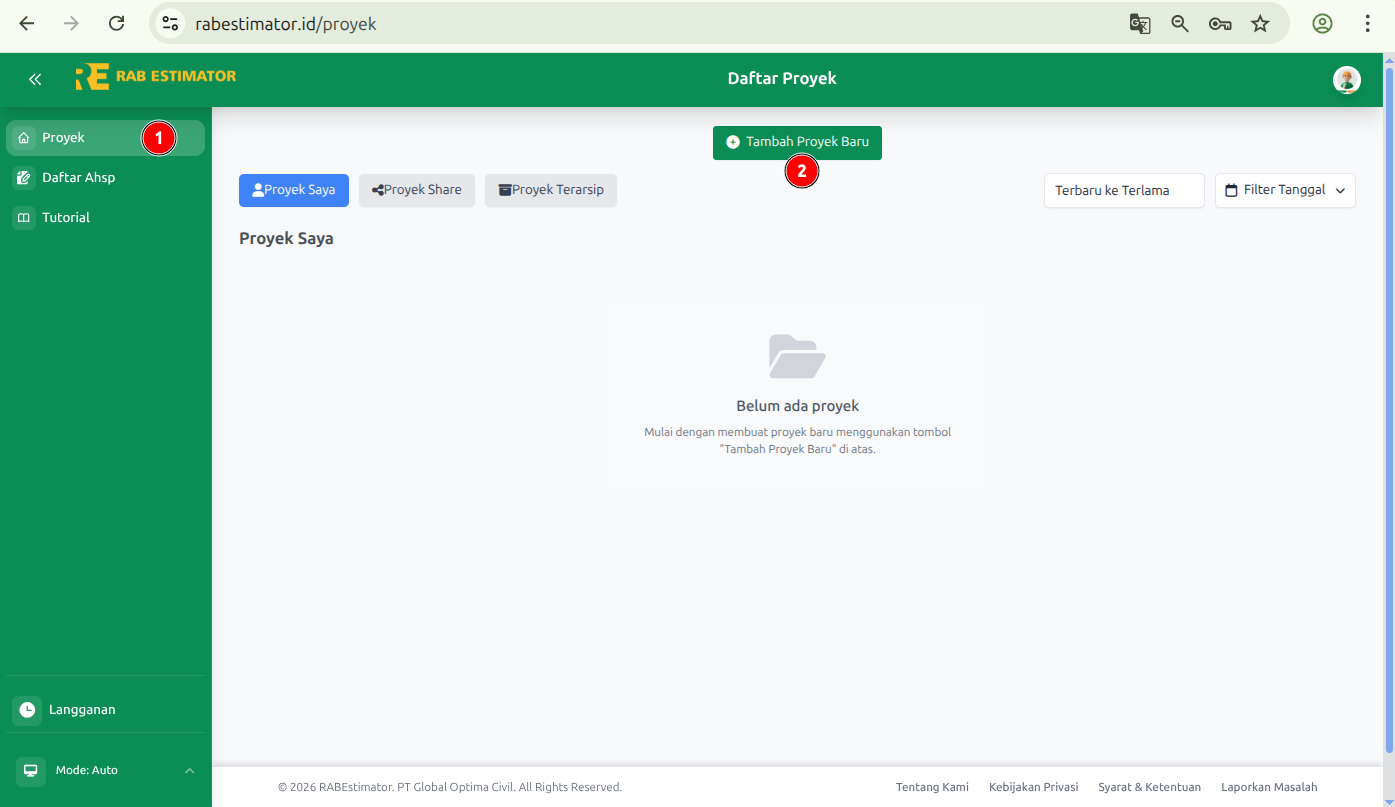 Halaman Daftar Proyek dengan tombol Tambah Proyek Baru