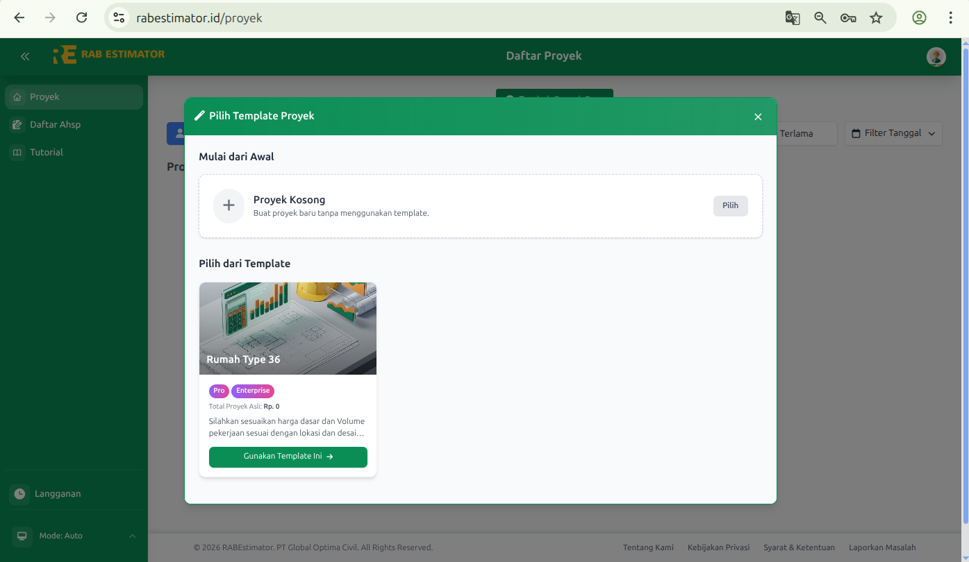 Modal pilih template proyek