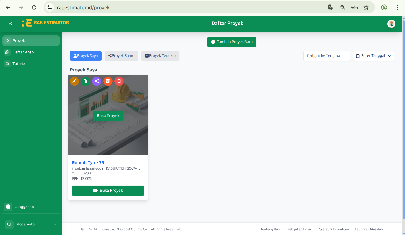 Proyek baru muncul di daftar proyek