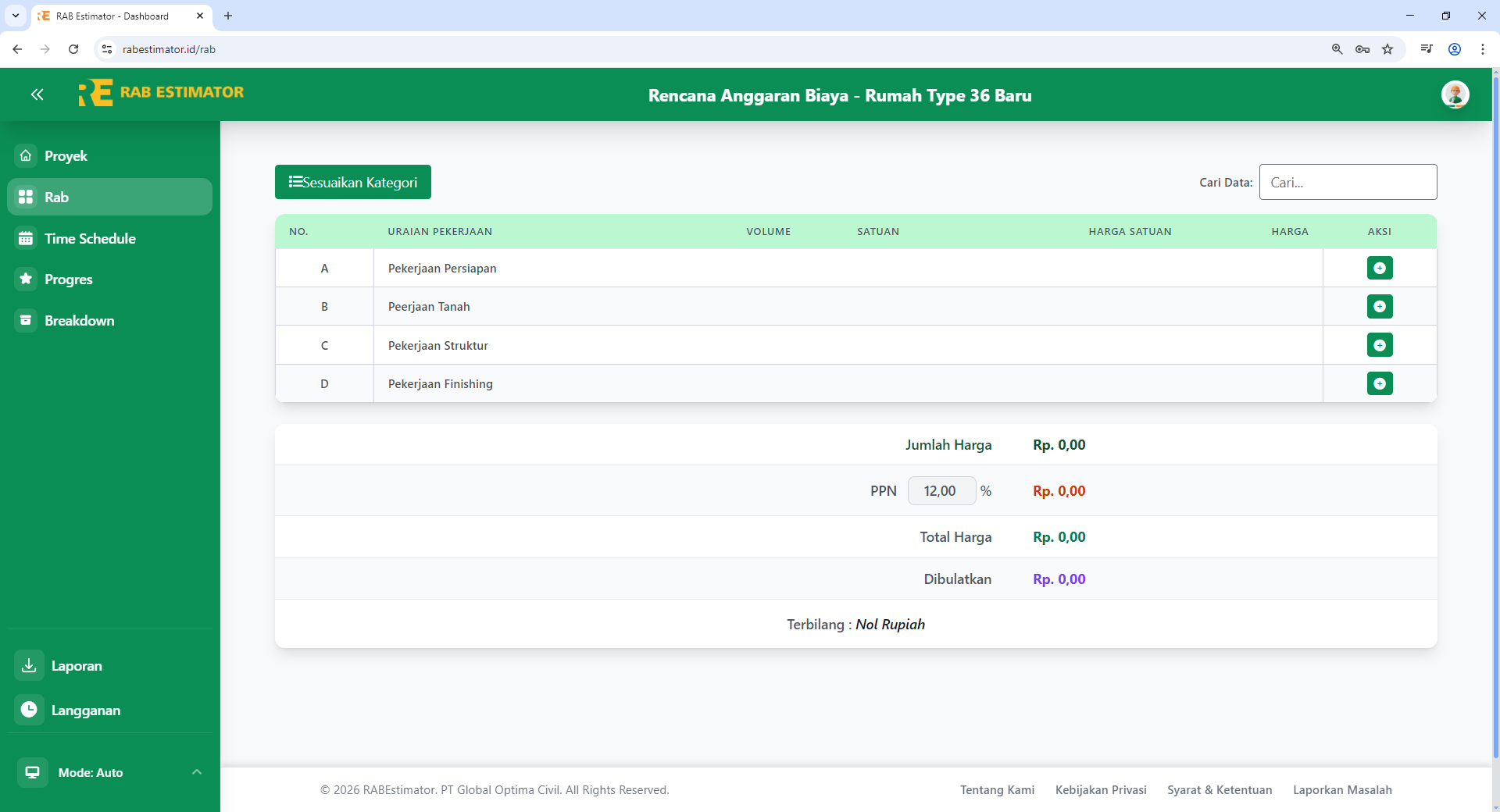 Tabel RAB dengan 4 kategori