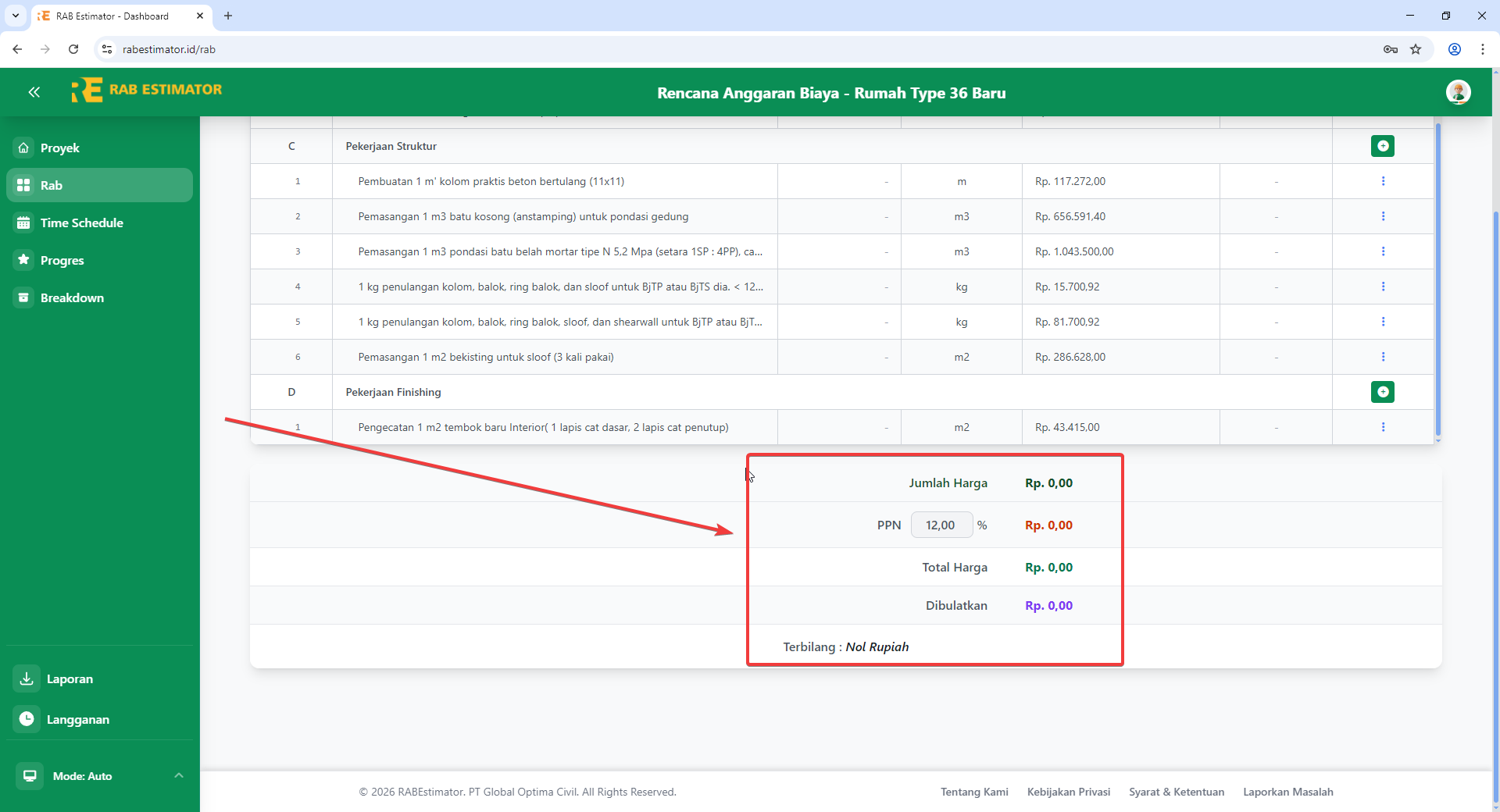 Rekapitulasi RAB: Jumlah Harga, PPN, Total Harga, Terbilang