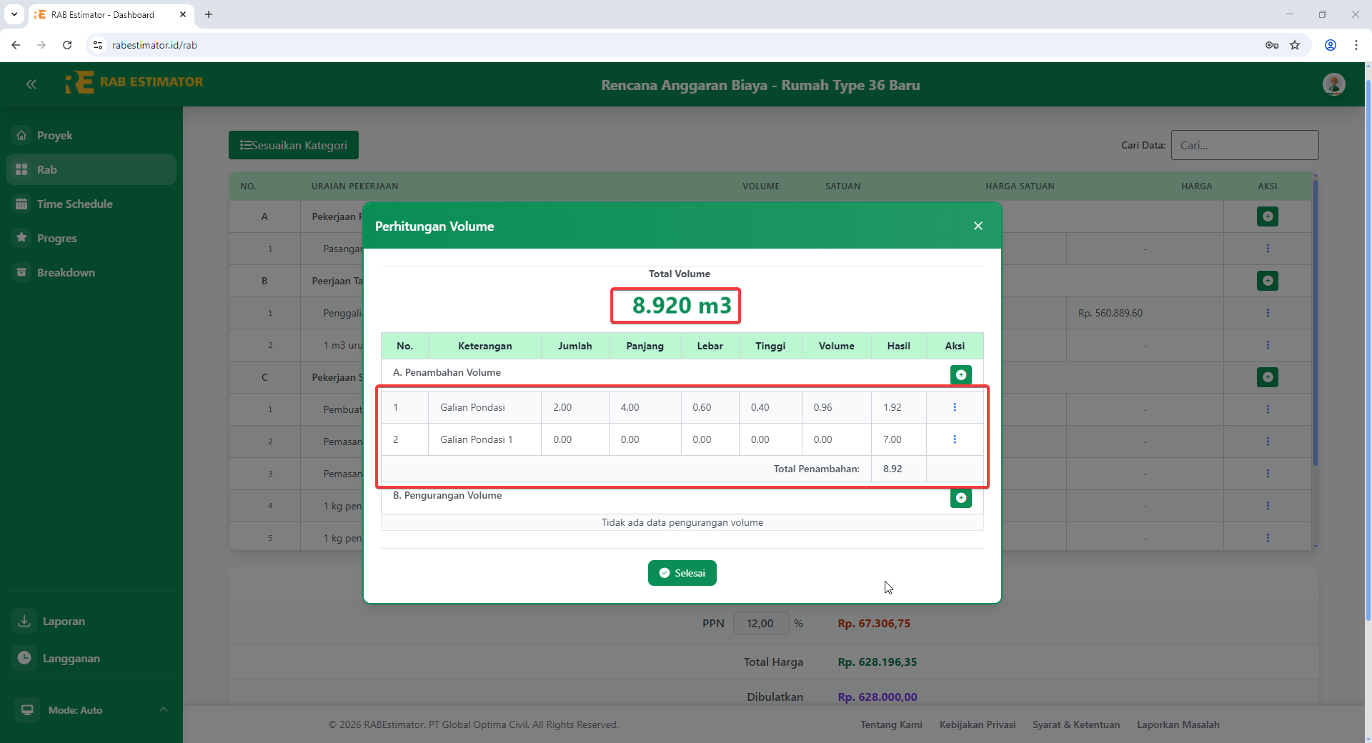 Tabel rincian perhitungan terisi dengan Total Volume