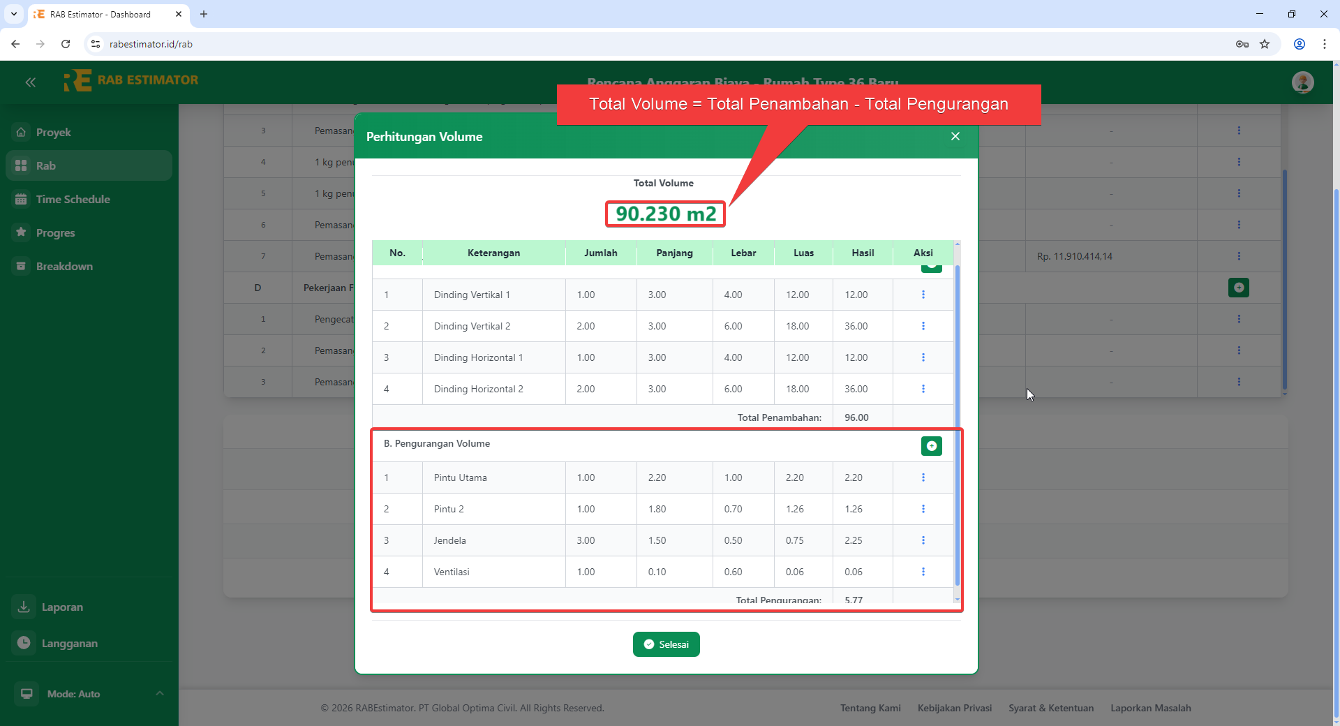 Baris minus dalam tabel perhitungan