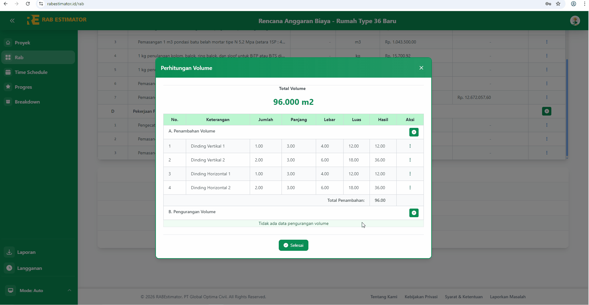 Modal input untuk satuan m²