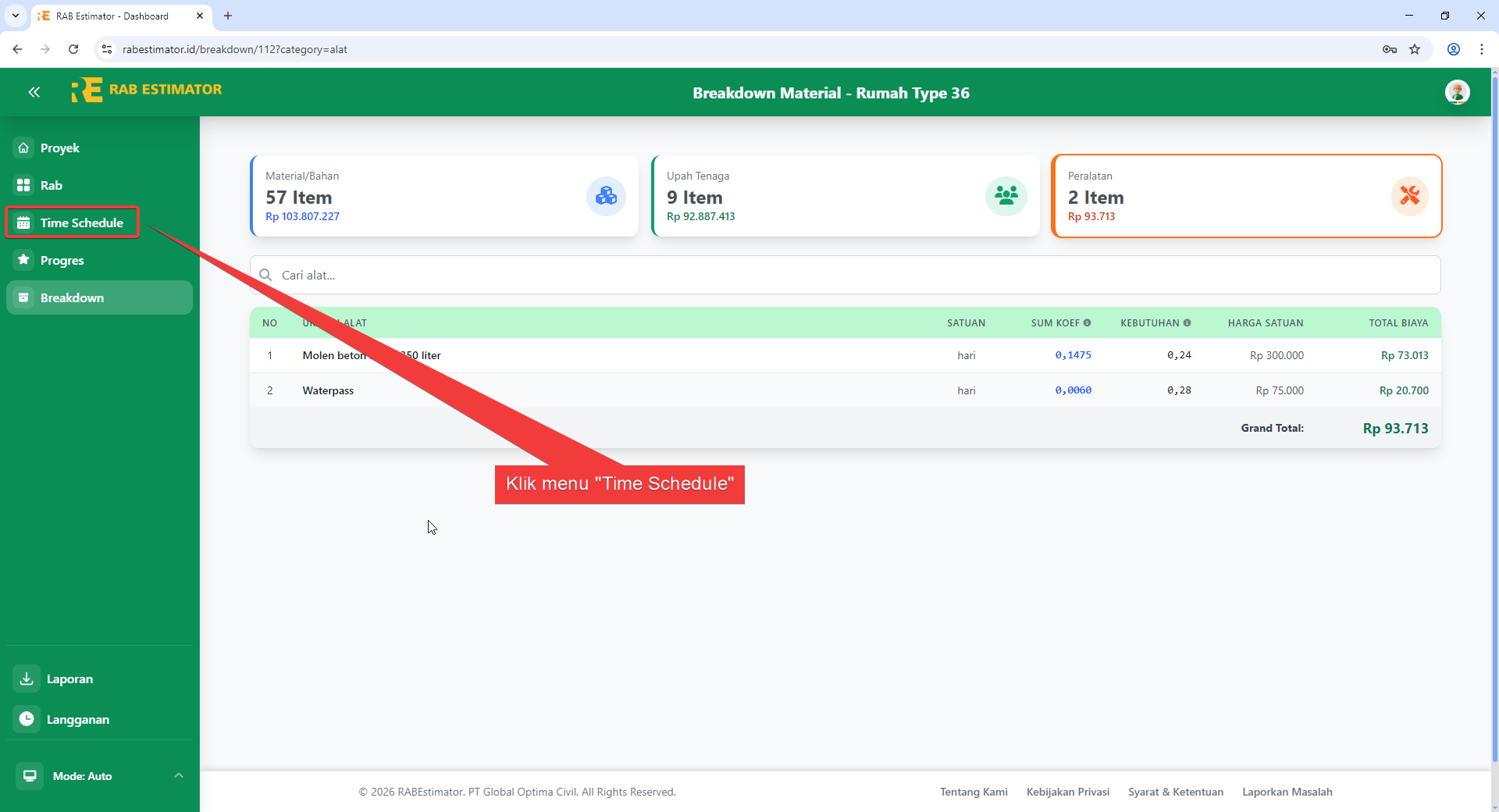 Sidebar dengan menu Time Schedule di-highlight