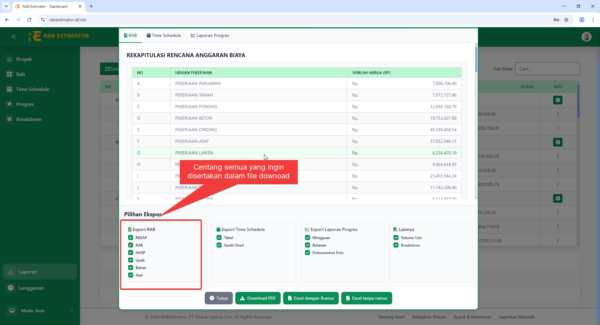 Checkbox pilihan ekspor RAB