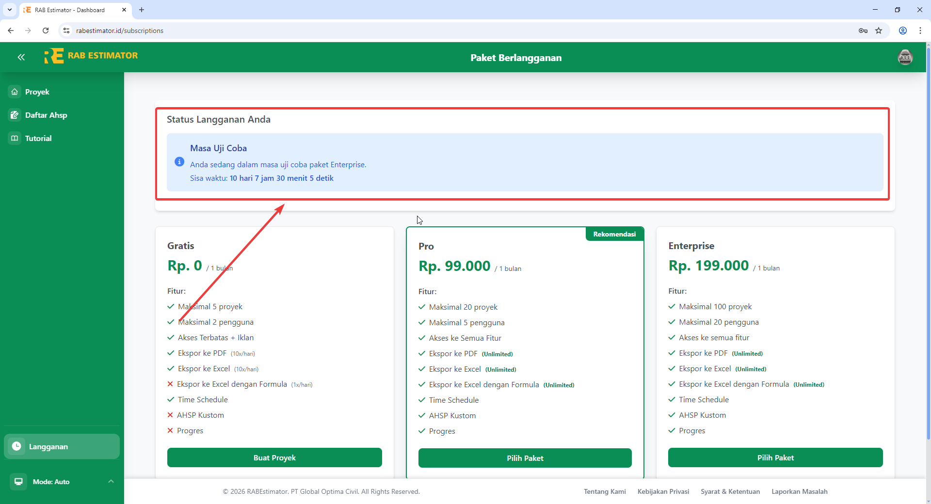 Section Status Langganan Anda