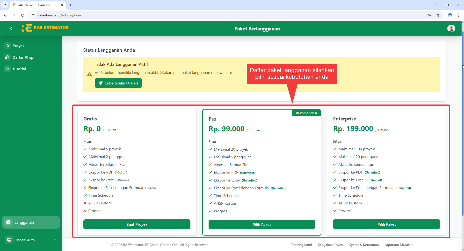 Grid kartu paket langganan