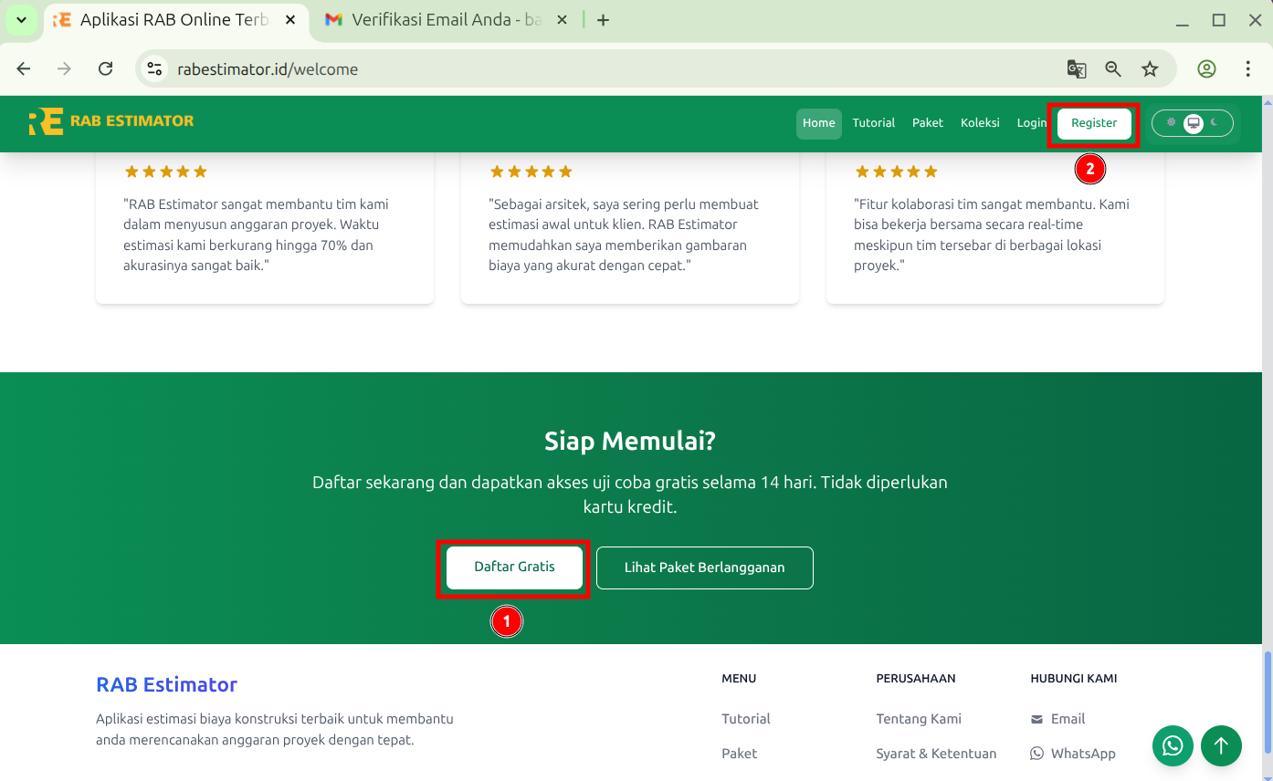 Tombol Daftar Gratis dan Register di navbar