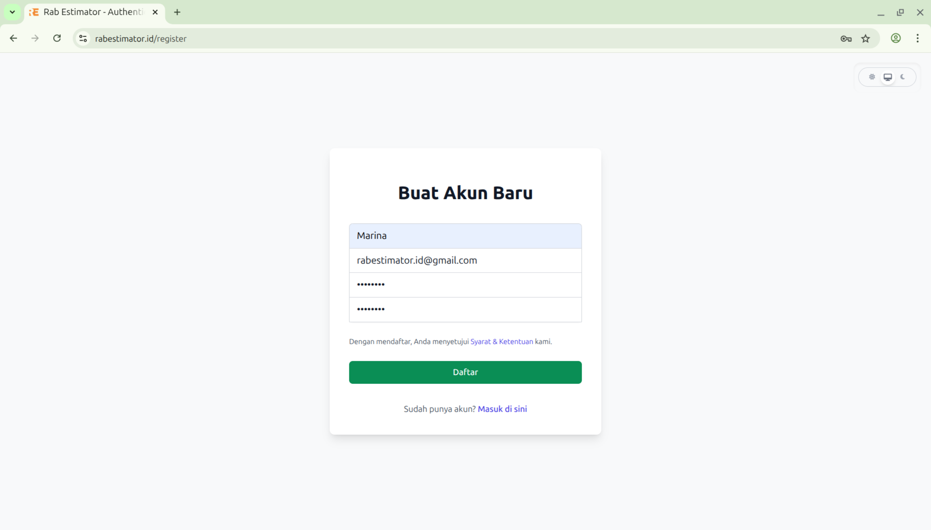 Form registrasi RAB Estimator dengan field Nama, Email, Telepon, Password