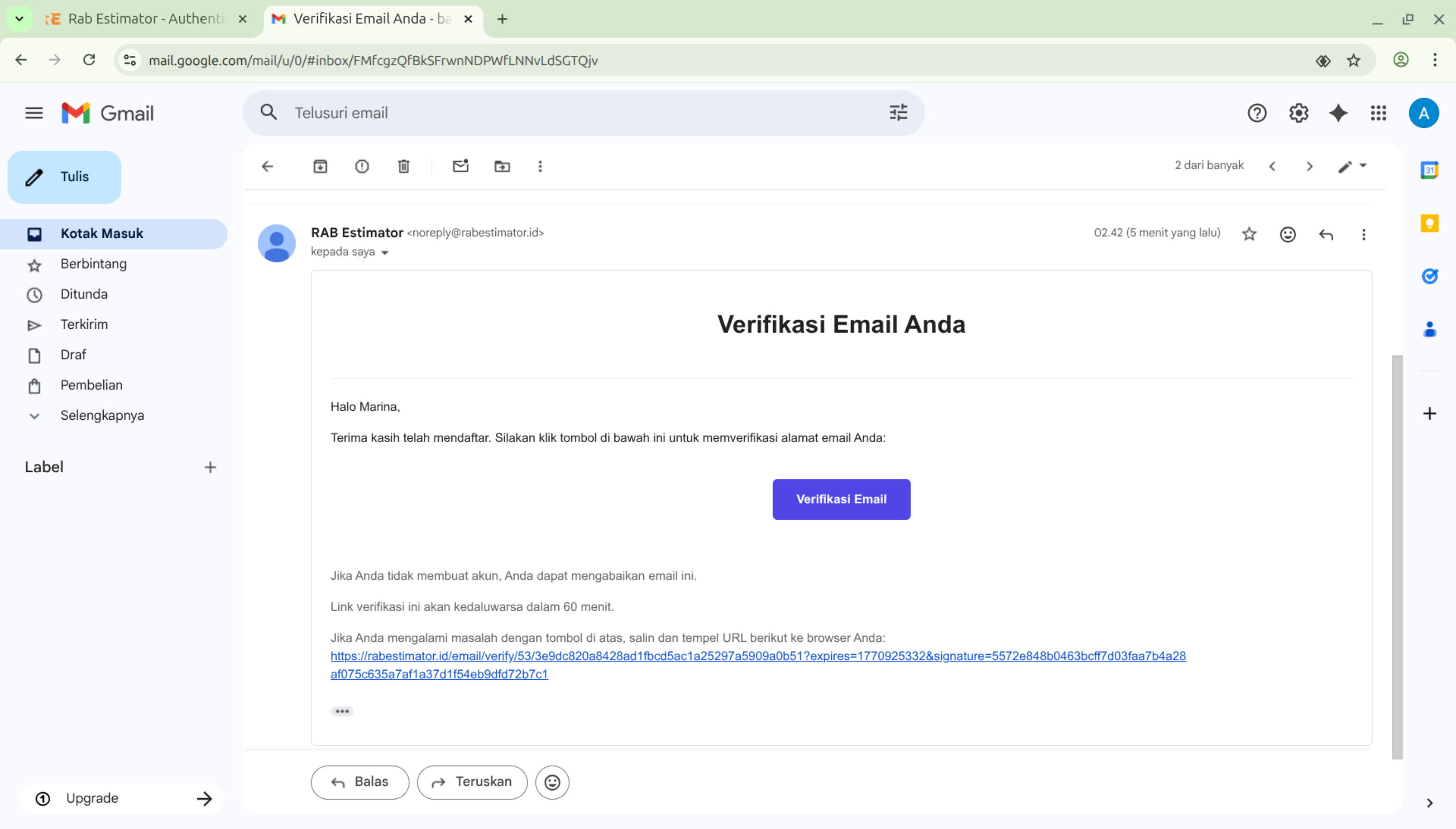 Email verifikasi di inbox