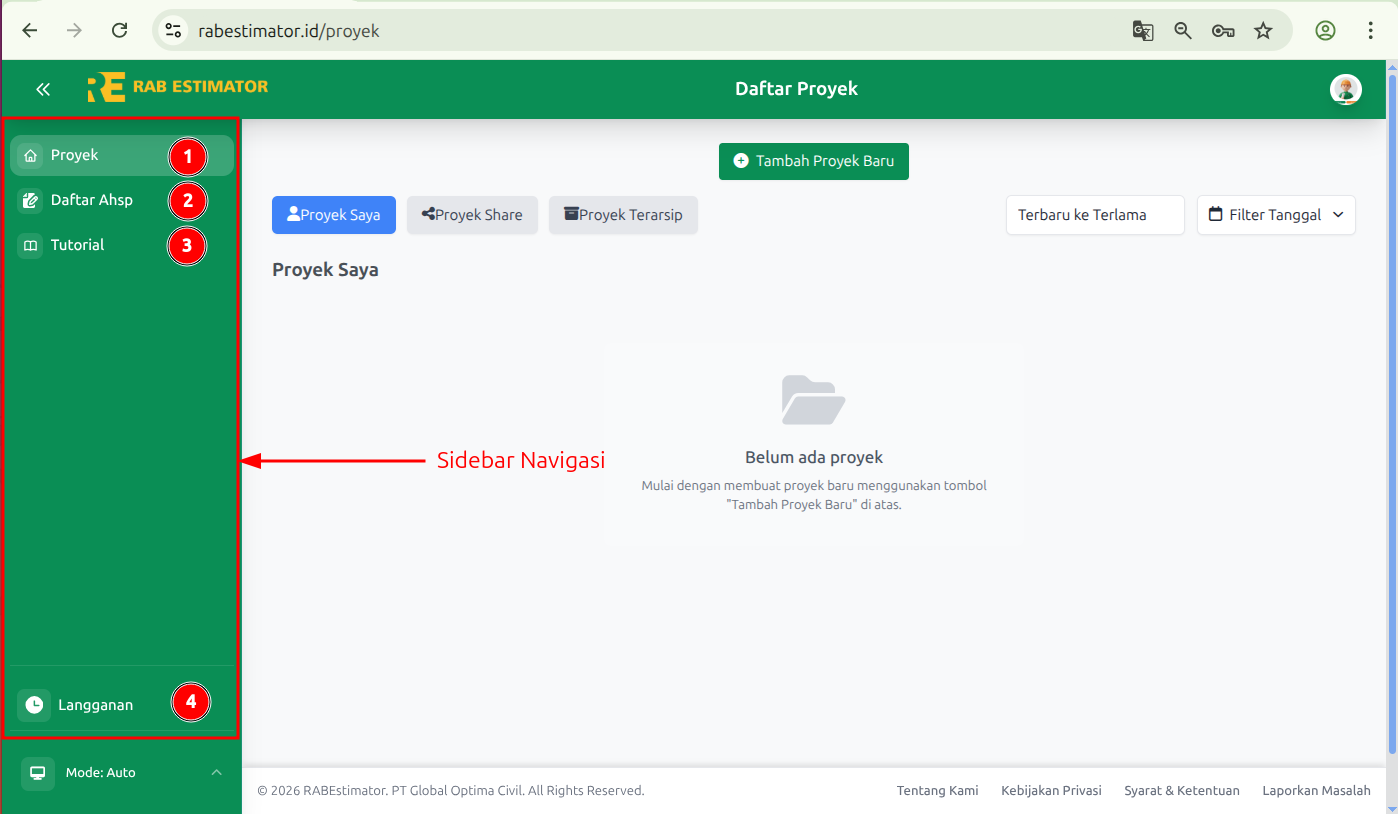 Sidebar navigasi dengan menu Proyek, Daftar AHSP, Tutorial, Langganan