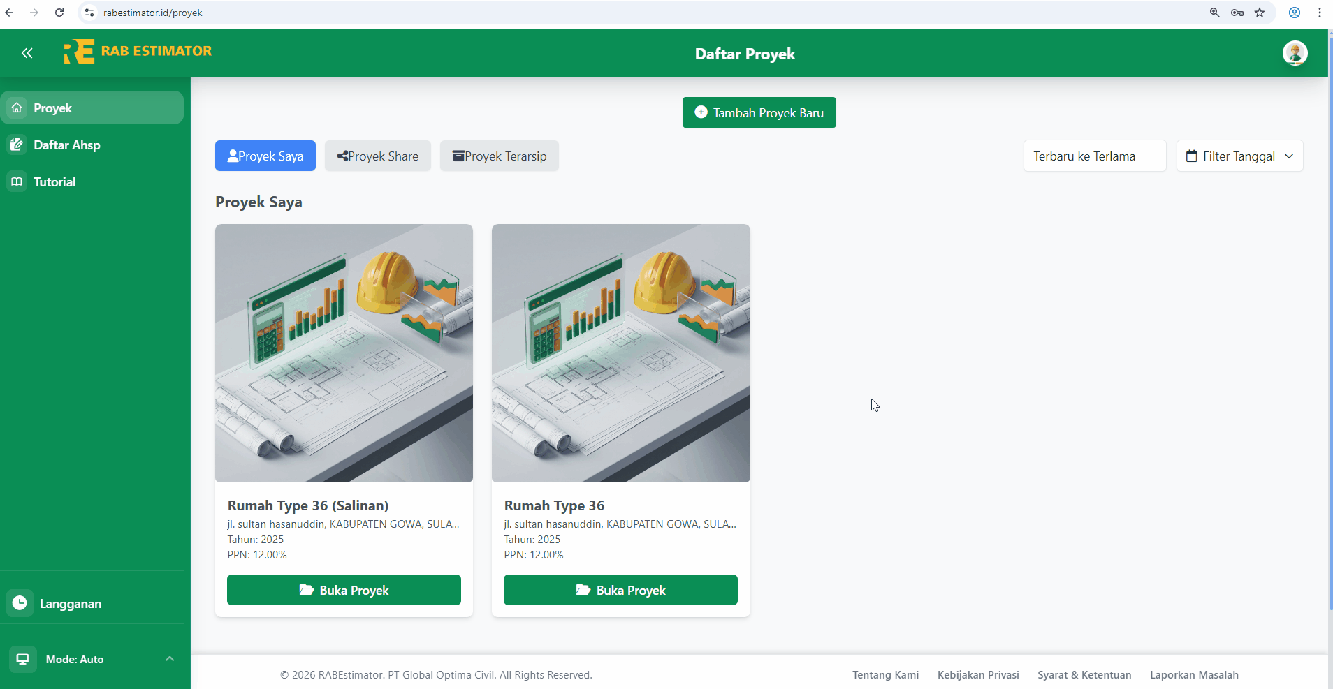 Modal Bagikan Proyek dengan field email dan pilihan role