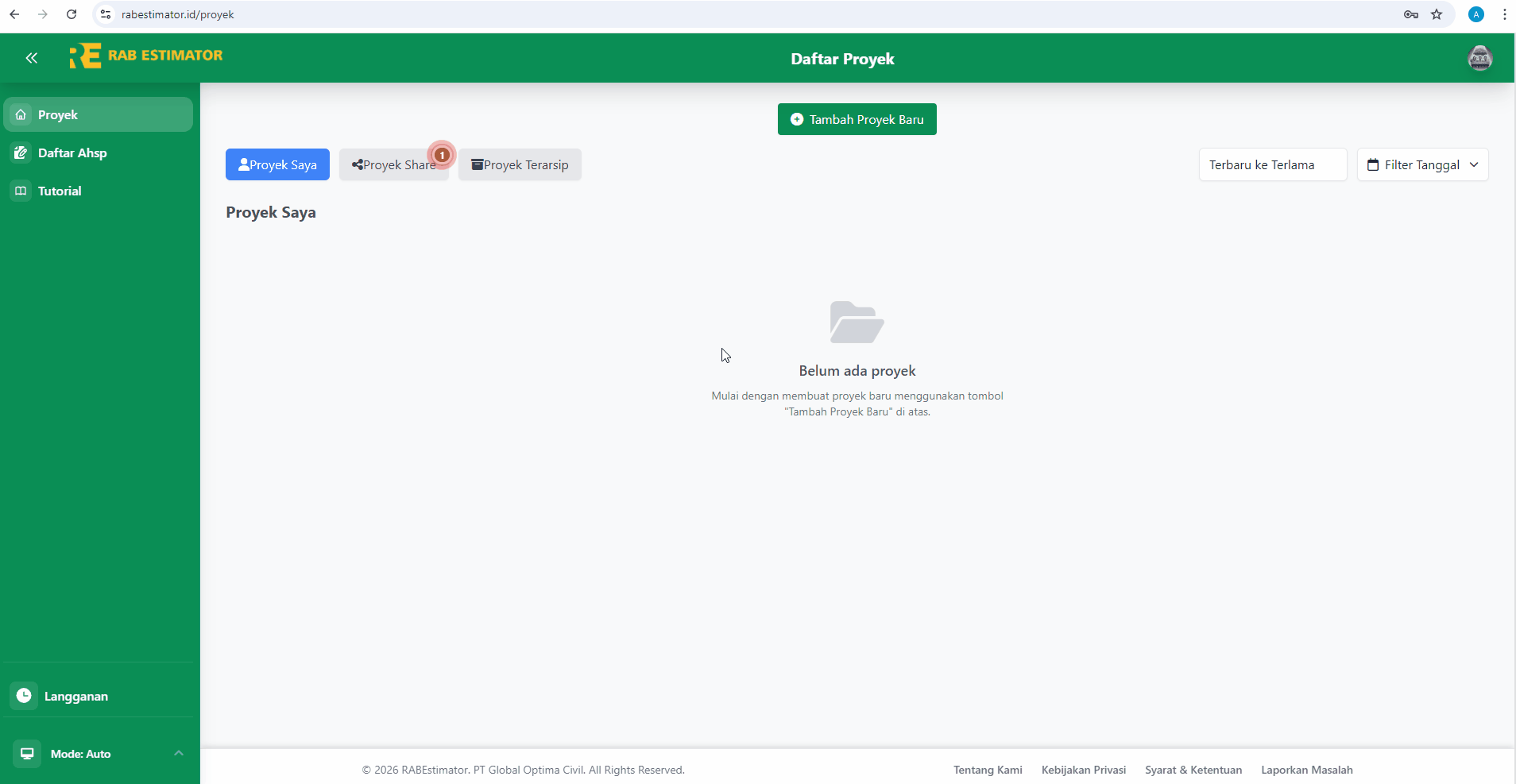 Tab Proyek Share dengan badge undangan baru