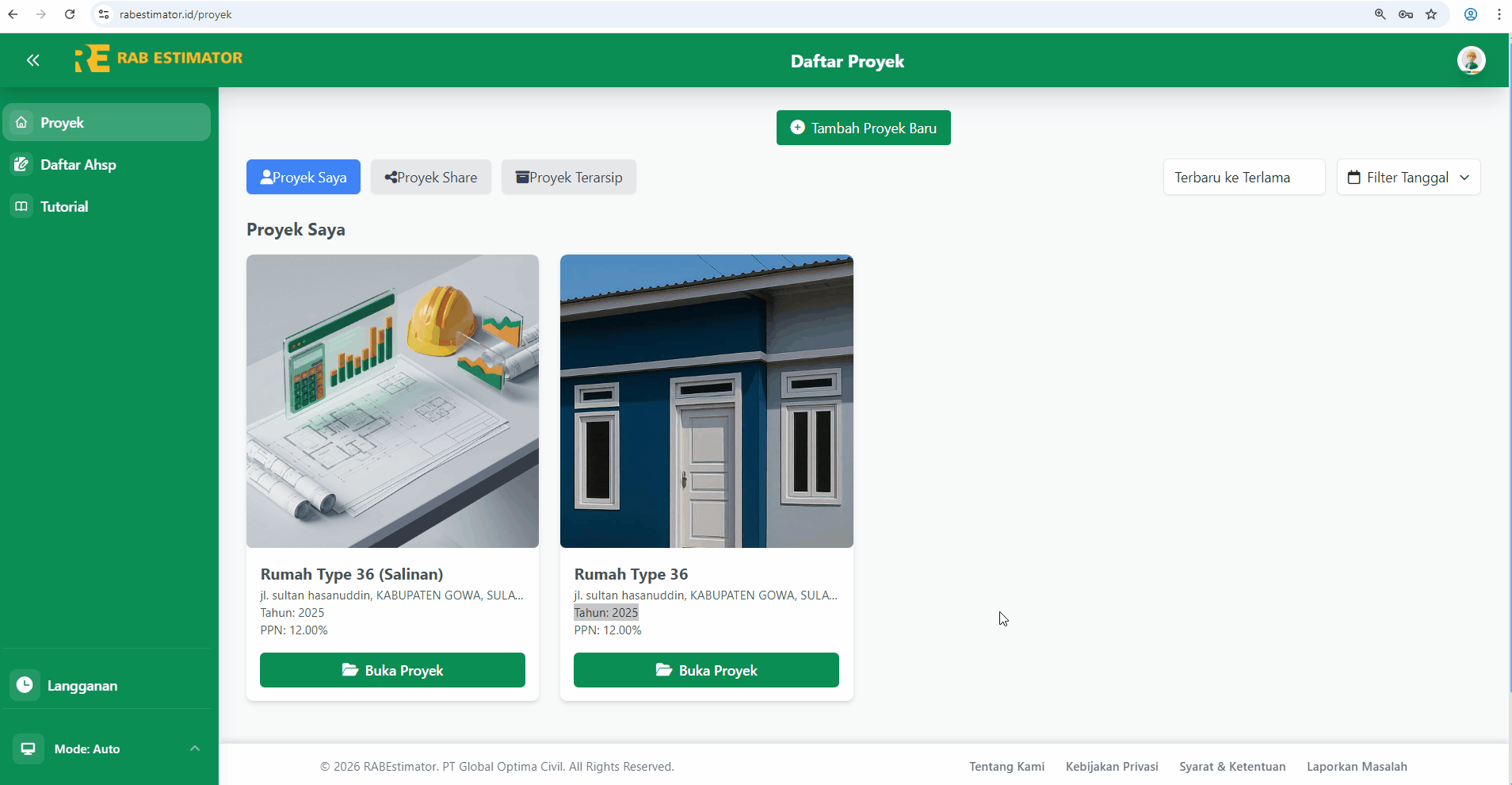 Modal konfirmasi hapus dan tab Proyek Terarsip