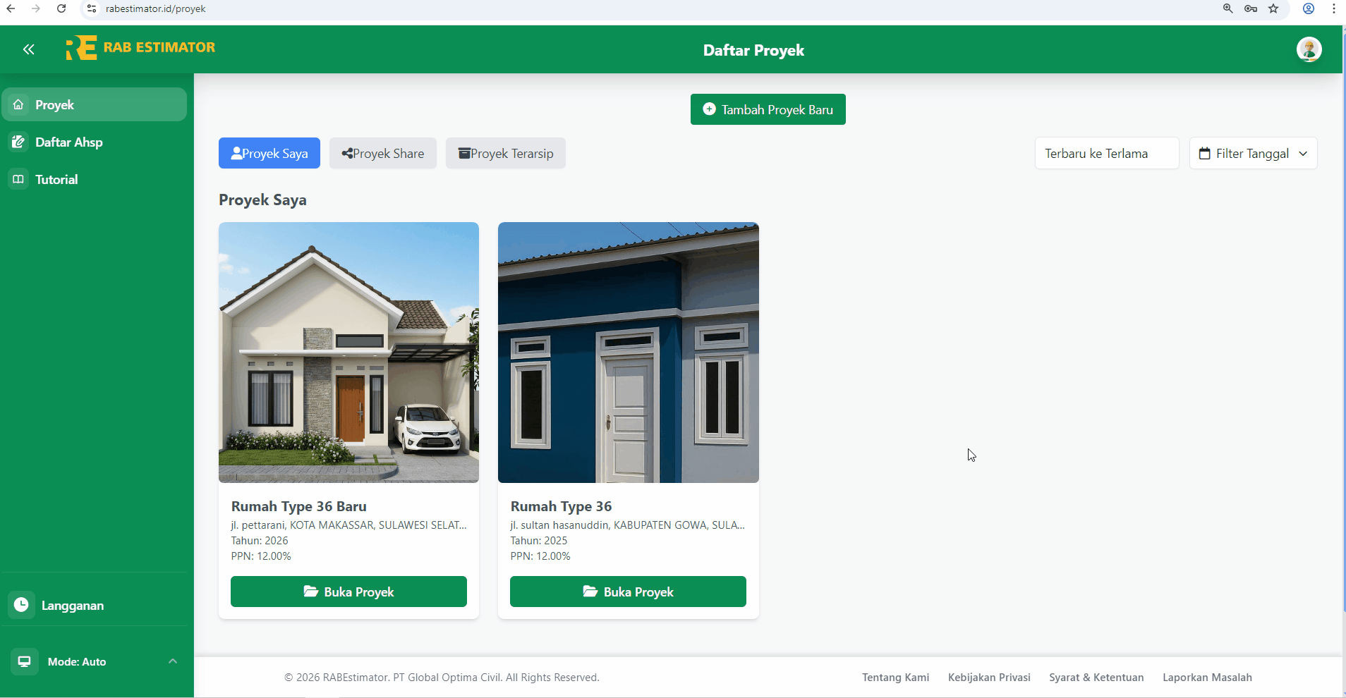 Halaman RAB proyek baru dengan tabel kosong