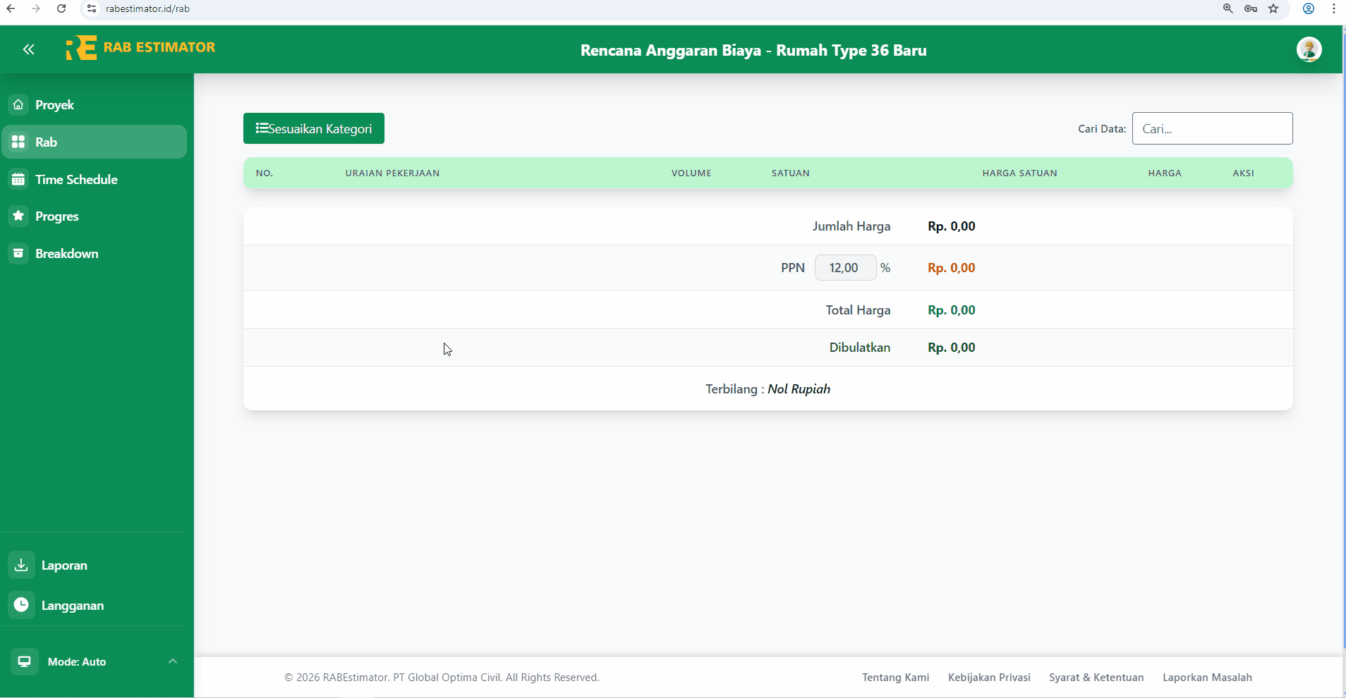 Tombol Sesuaikan Kategori di halaman RAB