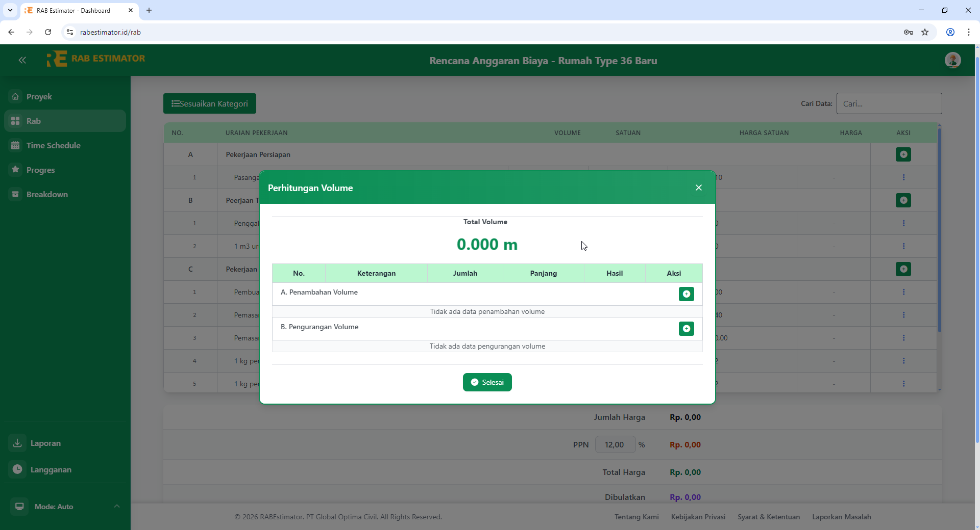 Modal Perhitungan Volume kosong