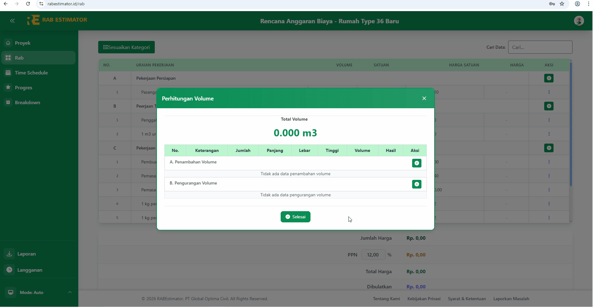 Modal input volume m³ dengan field Uraian, Panjang, Lebar, Tinggi, Jumlah