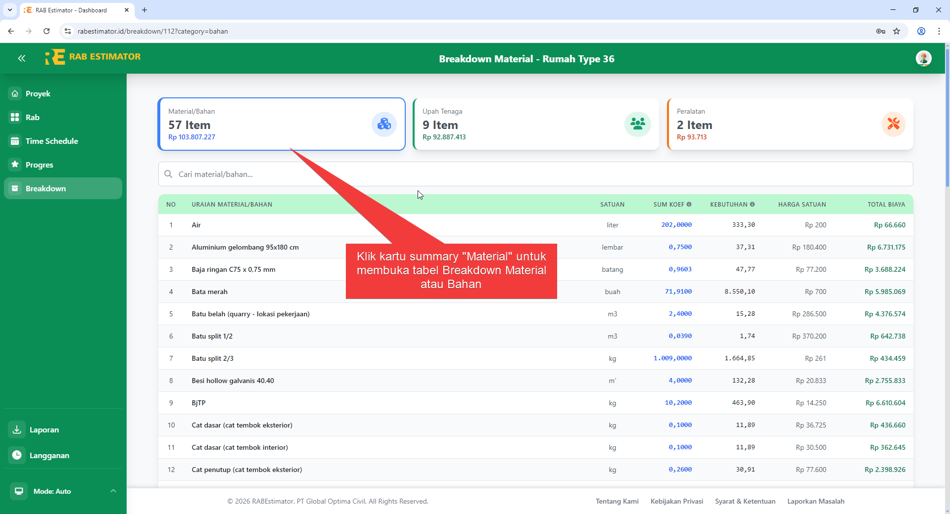 Tabel Breakdown filter Material