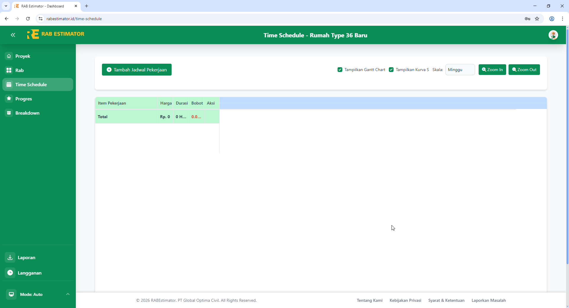 Halaman Time Schedule kosong