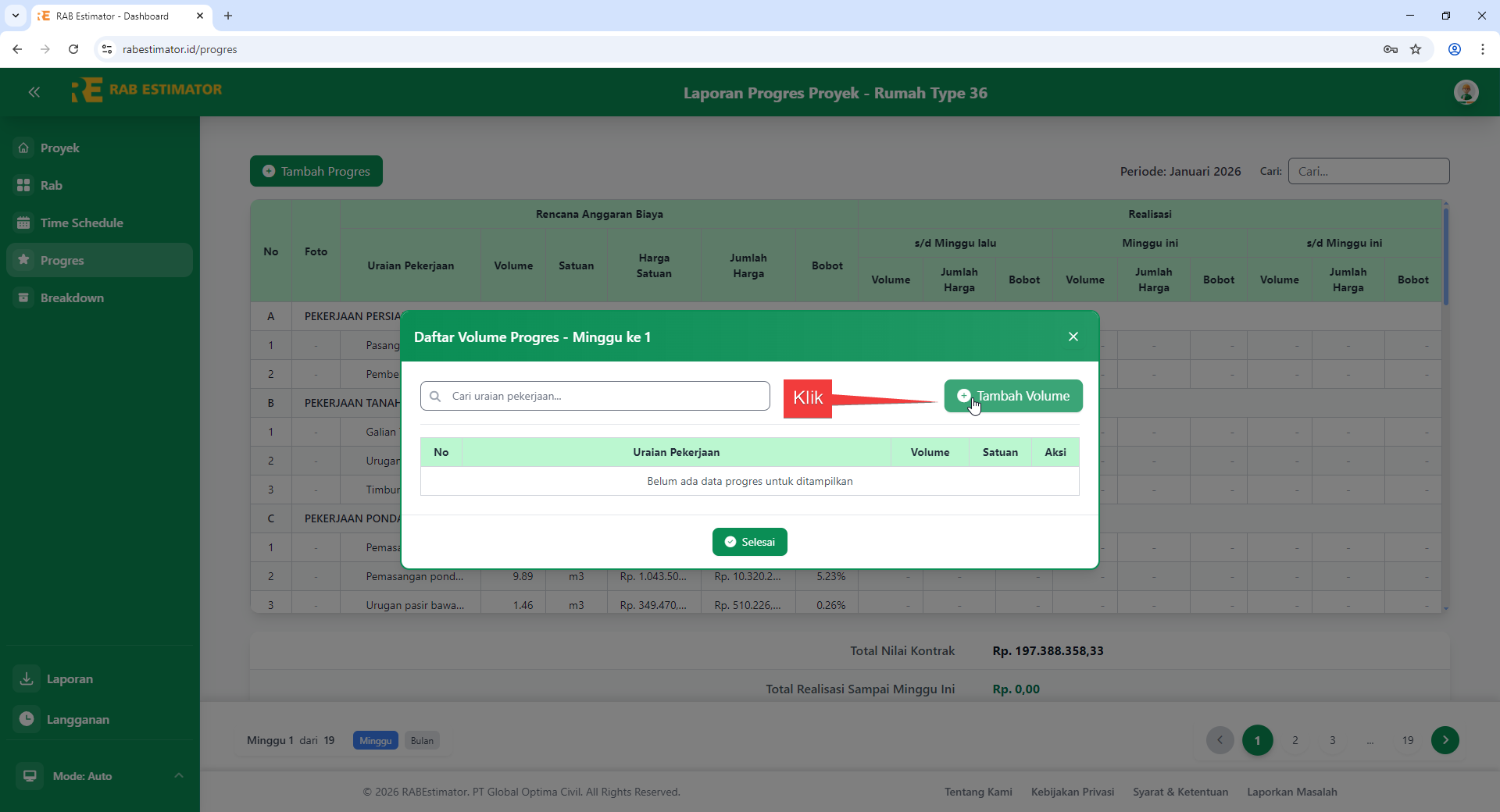 Modal Daftar Volume Progres