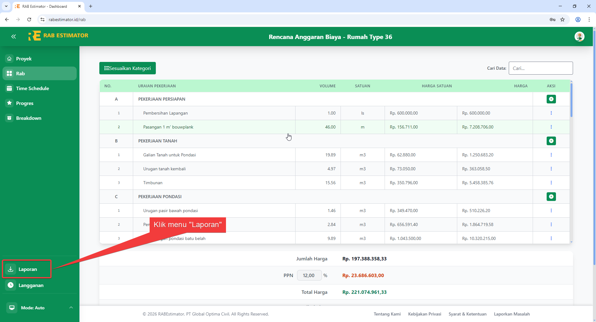 Tombol Laporan di sidebar navigasi