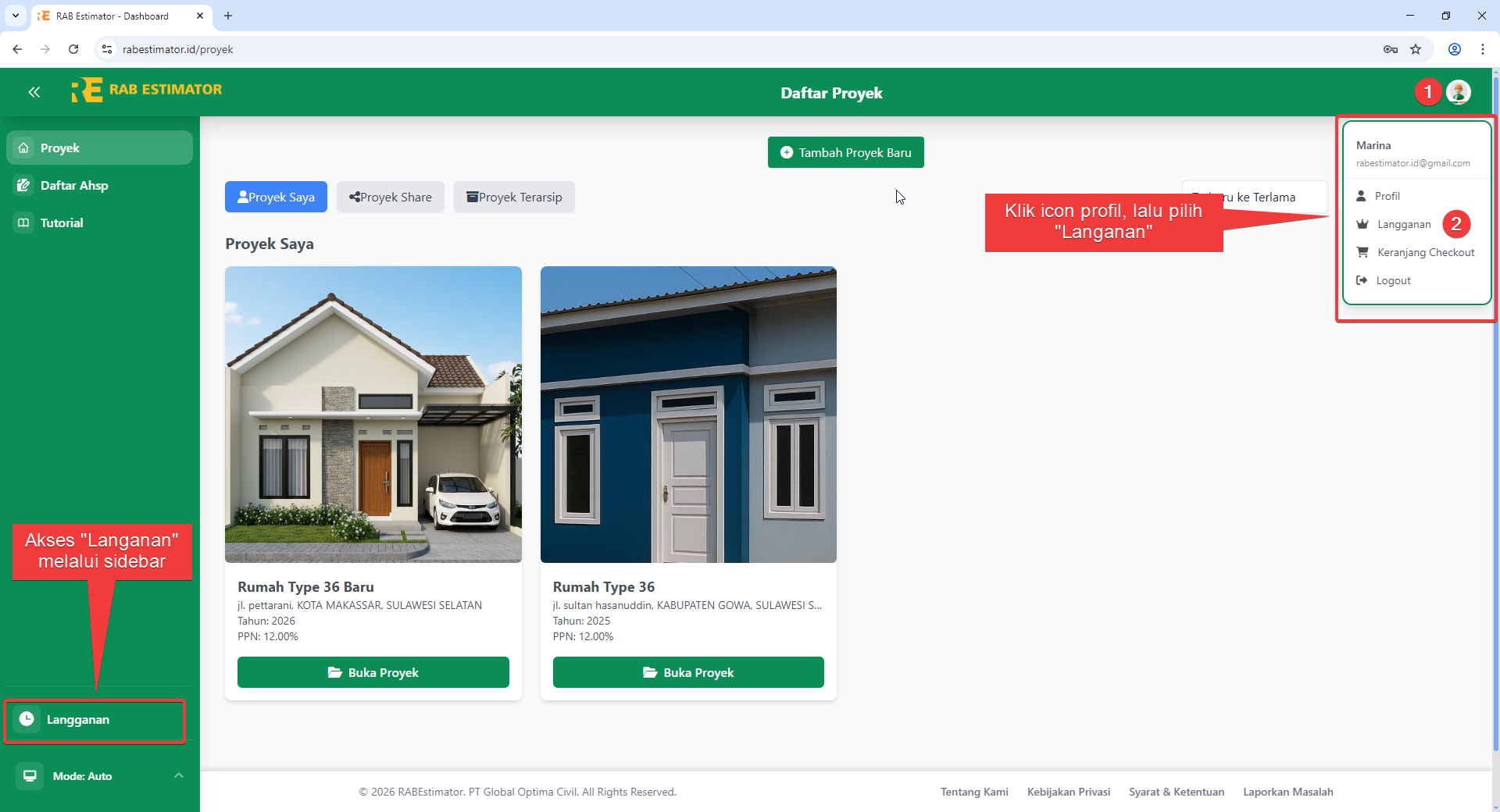 Dropdown profil dengan opsi Langganan